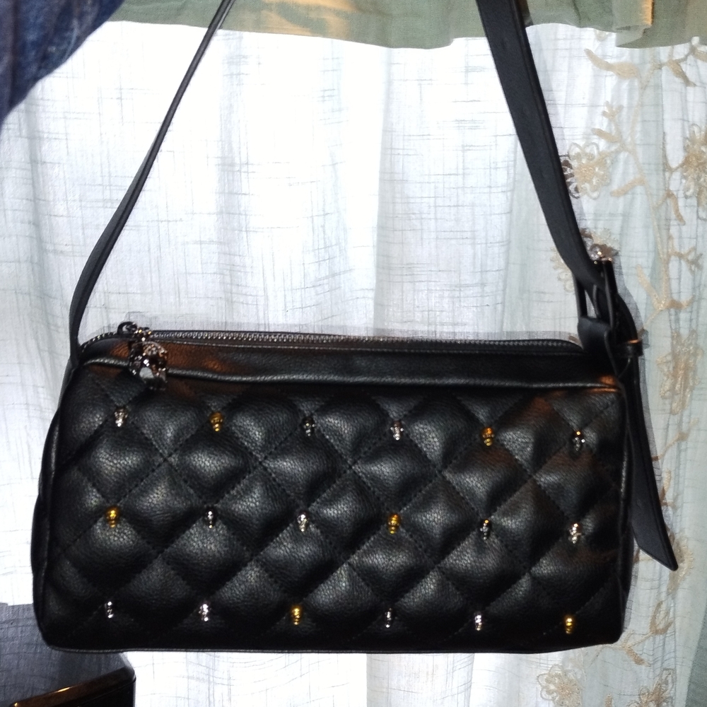 Betsey Johnson Black Quilted Shoulder Bag with Skull Gold Silver Accents
